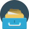 Blue file drawer partially open with yellow folder files inside against a dark circular background.