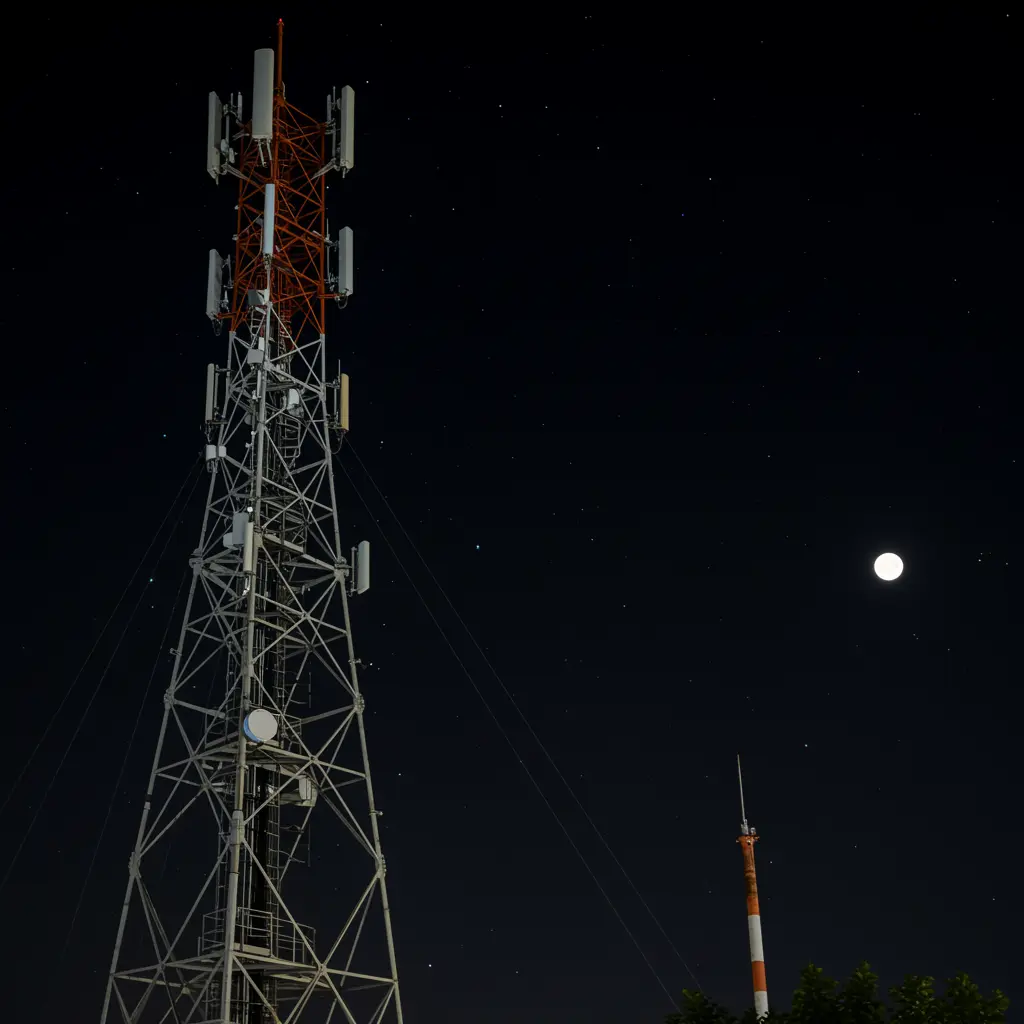 Tall communication tower with antennas against a starry night sky and a bright full moon.