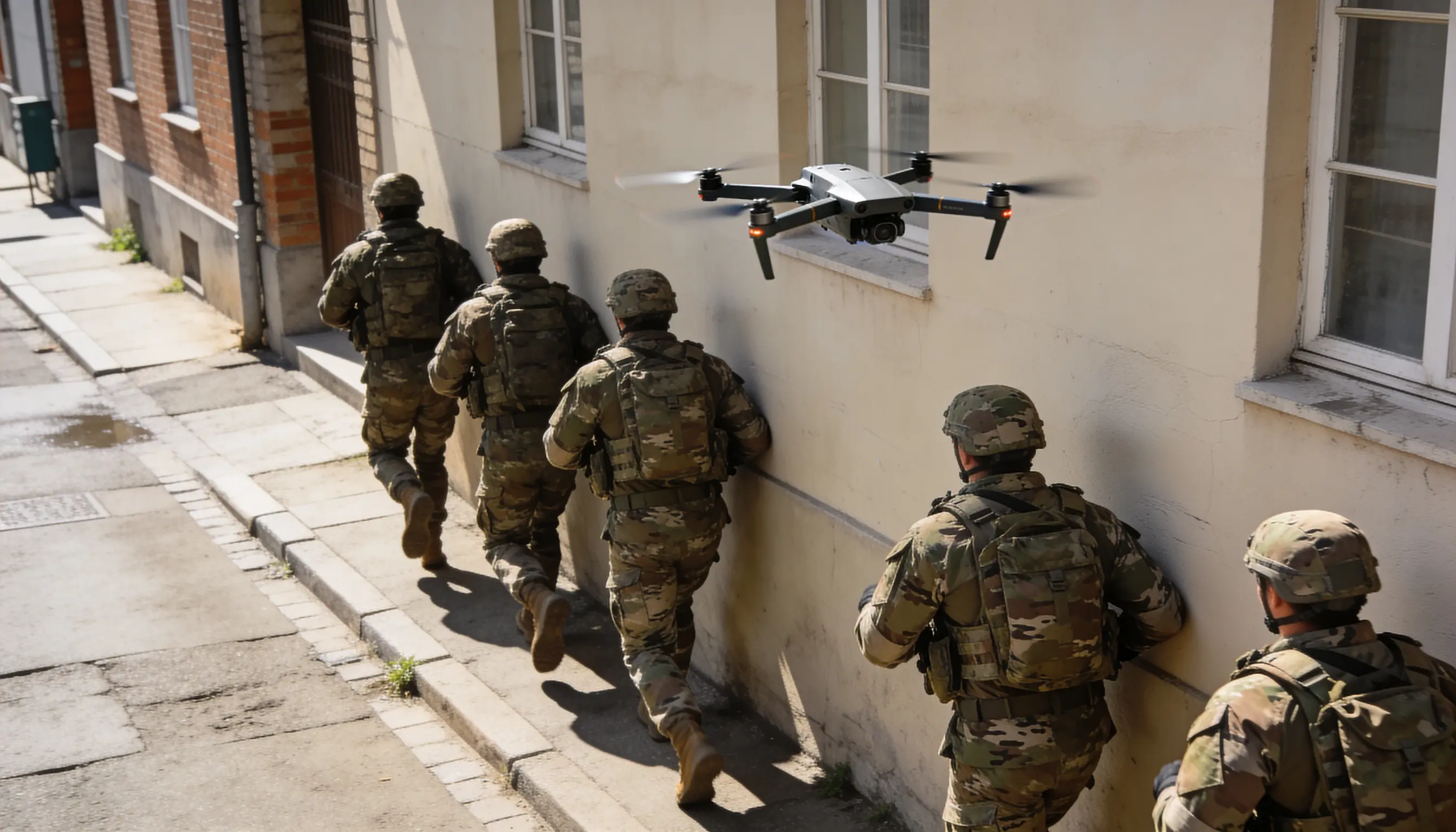 Aerial view of five soldiers in camouflage uniforms walking alongside a building with a drone flying nearby.