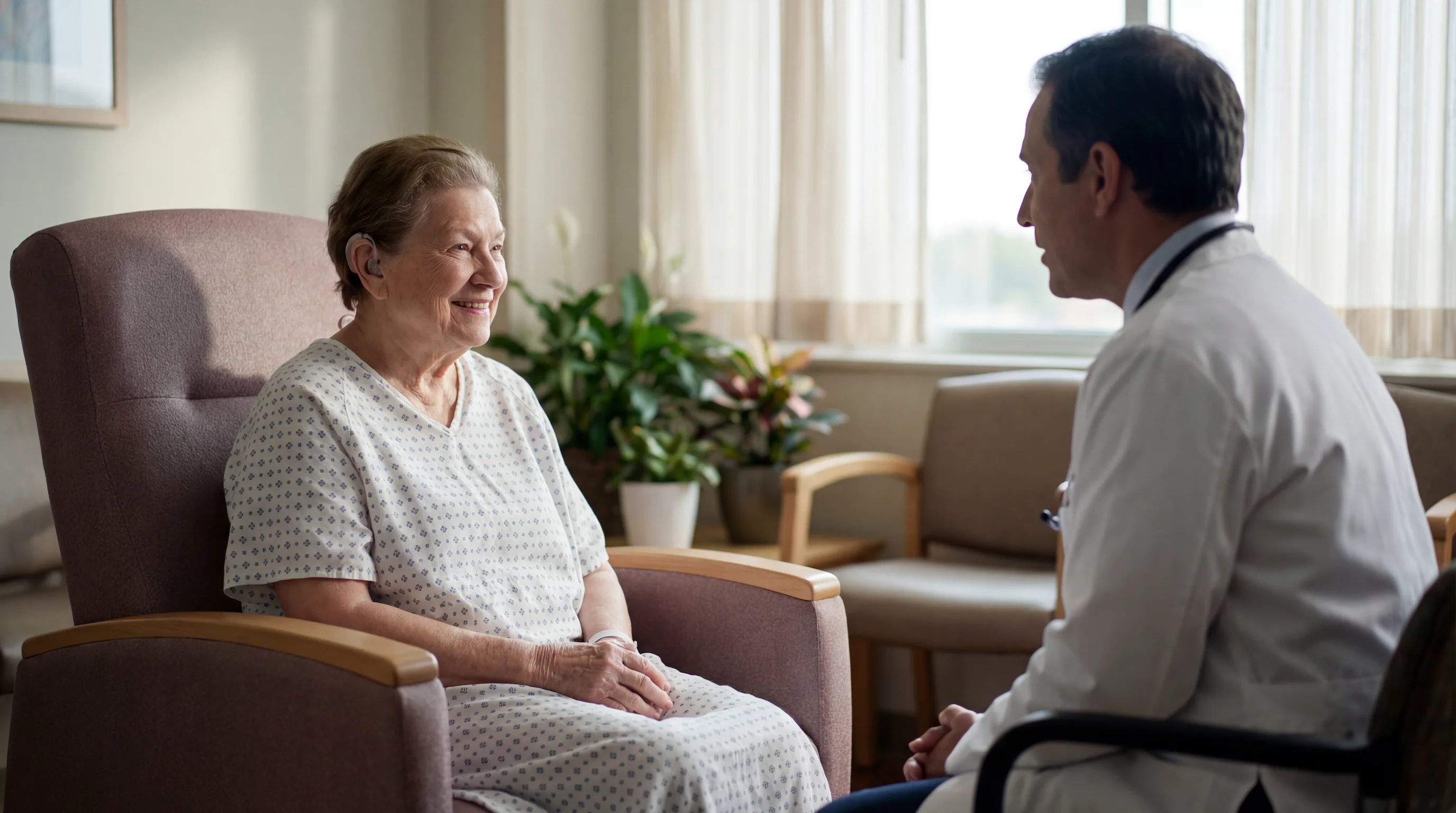 Elderly woman in a hospital gown sitting in a chair and smiling while talking to a male doctor in a white coat.