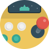 Top view of a retro arcade game controller with a joystick, colorful buttons, and a screen showing a pixelated spaceship game.