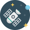 Satellite orbiting Earth with stars around it on a dark background.